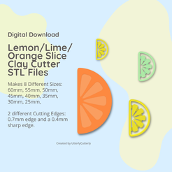 Digital Download Lemon/Lime/ Orange Slice Clay Cutter STL Files Makes 8 Different Sizes: 60mm, 55mm, 50mm, 45mm, 40mm, 35mm, 30mm, 25mm, 2 different Cutting Edges: 0.7mm edge and a 0.4mm sharp edge. Created by UtterlyCutterly Lt Ve —4 i) qx & Archivo 3D Cortador de arcilla Lemon Slice - Lime Orange STL Digital File Download- 8 tamaños y 2 versiones de cortador・Modelo imprimible en 3D para descargar, UtterlyCutterly