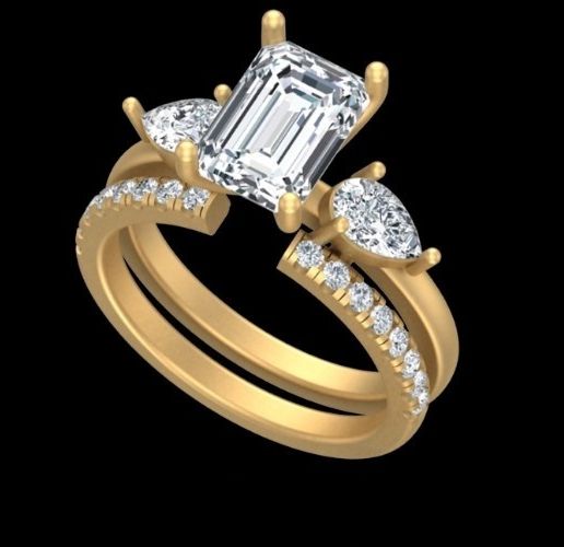 Emerald Cut Three Stone Bridal Ring Set 3D Model | Pear Side Diamond Engagement Ring