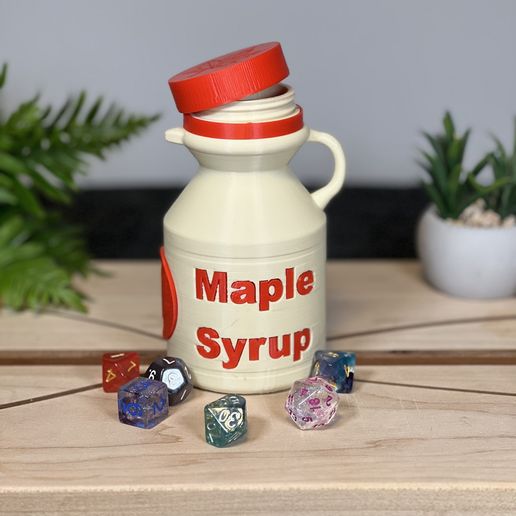 MSDC-with-dice-and-open-lid.jpg 3D Printed “Maple Syrup” Dice Container – Secret Dice Storage Bottle for DnD & TTRPG Players – Funny Hidden Dice Holder Gift