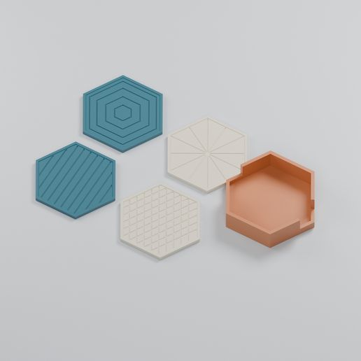 Four Pattern Hexagonal Coaster Set with Storage Holder