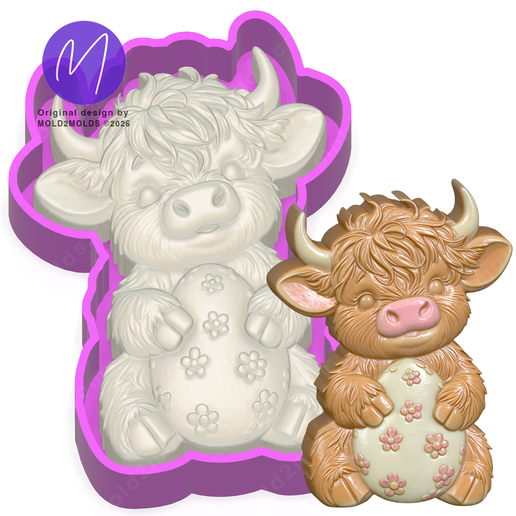 3D Easter Baby Highland Cow Holding Egg Freshie STL Mold Housing