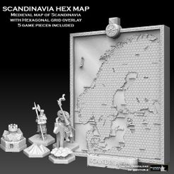 SCANDINAVIA HEX MAP MEDIEVAL MAP OF SCANDINAVIA WITH HEXAGONAL GRID OVERLAY 5 GAME PIECES INCLUDED Fichier STL Scandinavie Hex Map・Design pour imprimante 3D à télécharger, SharedogMiniatures