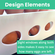 STL-3D-Printed-Egg-Dispenser-Sight-Windows-Along-Both-Sides.png Dispensador de huevos - Recipiente para almacenar huevos (sin soportes / sin pegar)