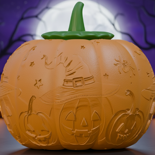 Witchy Pumpkin Lithophane Shade STL - Halloween Decor 3D Printable - 3D model önizlemesi