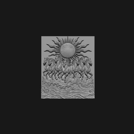 Seven Running Horses Sun Wall Relief STL  3D Printable Horse Sculpture
