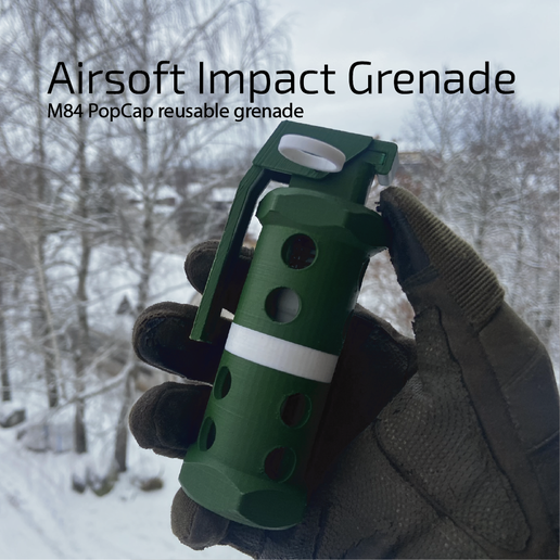 Airsoft Grenade Impact Triggered, PopCap powered reusable M84 style stun grenade for Airsoft/MIlsim/Paintball.