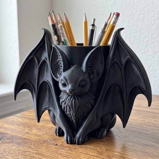 Gothic Bat Desk 3D Printed Organizer STL File for Halloween Dark Academia Pen Holder