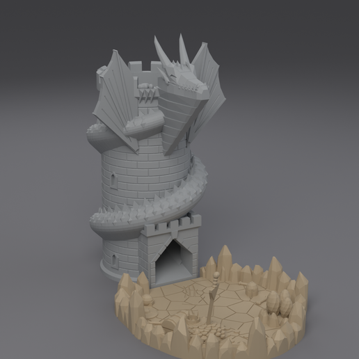 Dragon Keep Dice Tower - Dragon Coiled Round a Castle Tower, Treasure Lair Tray with Eggs, Gold and Sword - No Supports