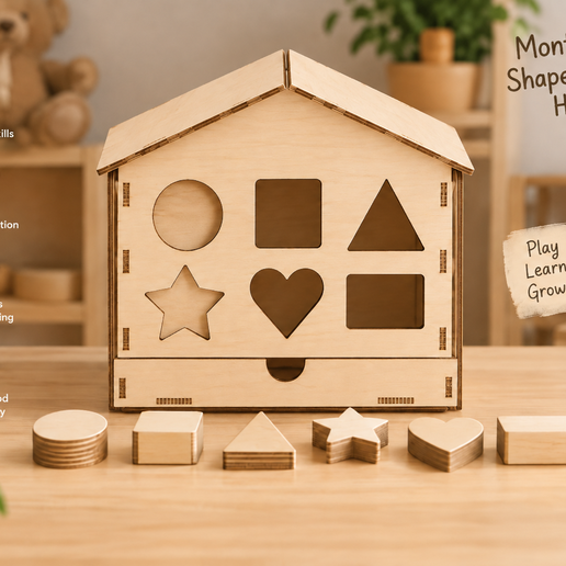 Montessori Shape Sorter House Laser Cut 3D Print Educational Wooden Toy SVG DXF STL 3MF Toddler Gift