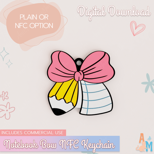 📓 Notebook Bow Pencil NFC Keychain/Bag Charm・ 3D File for 3D printing・Cults