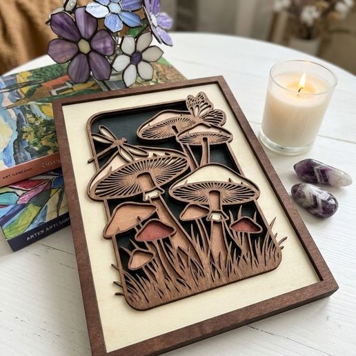 MD335 - Mushroom Layered Wood SVG, Butterfly Woodland Laser Cut File, 3D Wooden Wall Art, Cottagecore Decor CNC Design, Glowforge SVG
