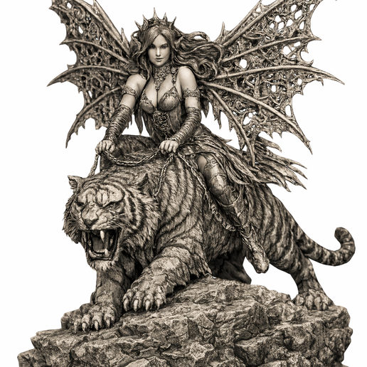 🧚 Dark Gothic Fairy Bengal Tiger Rider, figure, figurine・ STL File for ...