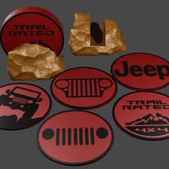 JeepCoasters.png Бесплатный STL файл Набор подставок для джипов с держателями для камней・Шаблон для 3D-печати для загрузки
