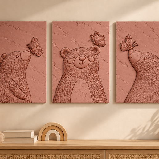 Bear & Butterfly Wall Art – 3D Bas-Relief STL Set 3D model