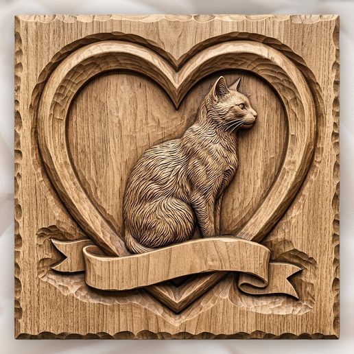 Memorial Cat Heart Banner CNC Relief STL