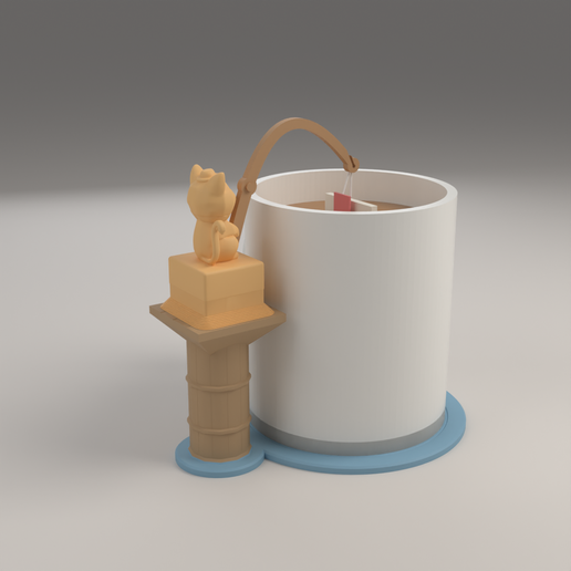 Fishing Cat Tea Bag Holder - Mug Coaster with a Pier Post and a Curved Rod over the Rim - Rim Clip Version Included - No Supports