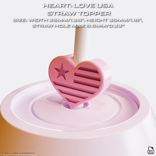 Love USA Heart straw topper straw buddy stl file for 3D printing - 8.5 mm