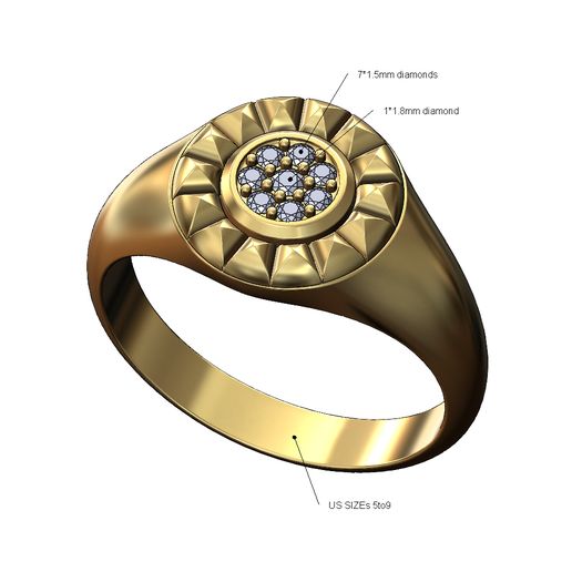 Diamond cluster round stud halo signet ring US sizes 5ro9 3D print model 3D model