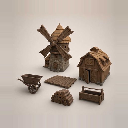 Miniature Rustic Windmill Farm STL Set - Dollhouse Miniatures 3D Print Files