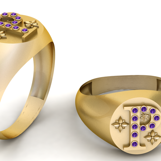 Luxury Gold Initial “P” Signet Ring with Purple Gemstones