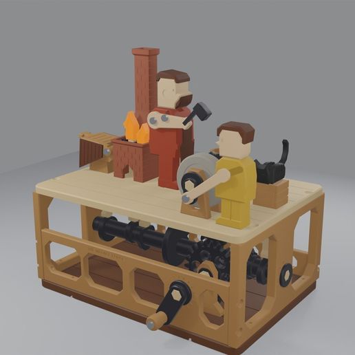 Hand-Crank Blacksmith Automaton - Camshaft Kinetic Toy with Hammer, Bellows, Fire and Grindstone