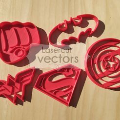 SUPER HEROES.jpg Archivo STL Set de Cortantes de super heroes. superhero cookie cutter. Superman, Batman, Hulk, Capitan America, La mujer Maravilla・Diseño imprimible en 3D para descargar