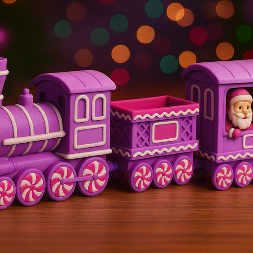 ChatGPT-Image-5.-Dez.-2025,-14_00_09.png Trem de Natal de gengibre - Conjunto completo de trem de férias para impressão 3D (motor + vagão + carro de Papai Noel) | PLA multicolorido | Sem suporte | Decoração de férias perfeita Arquivos STL e 3MF