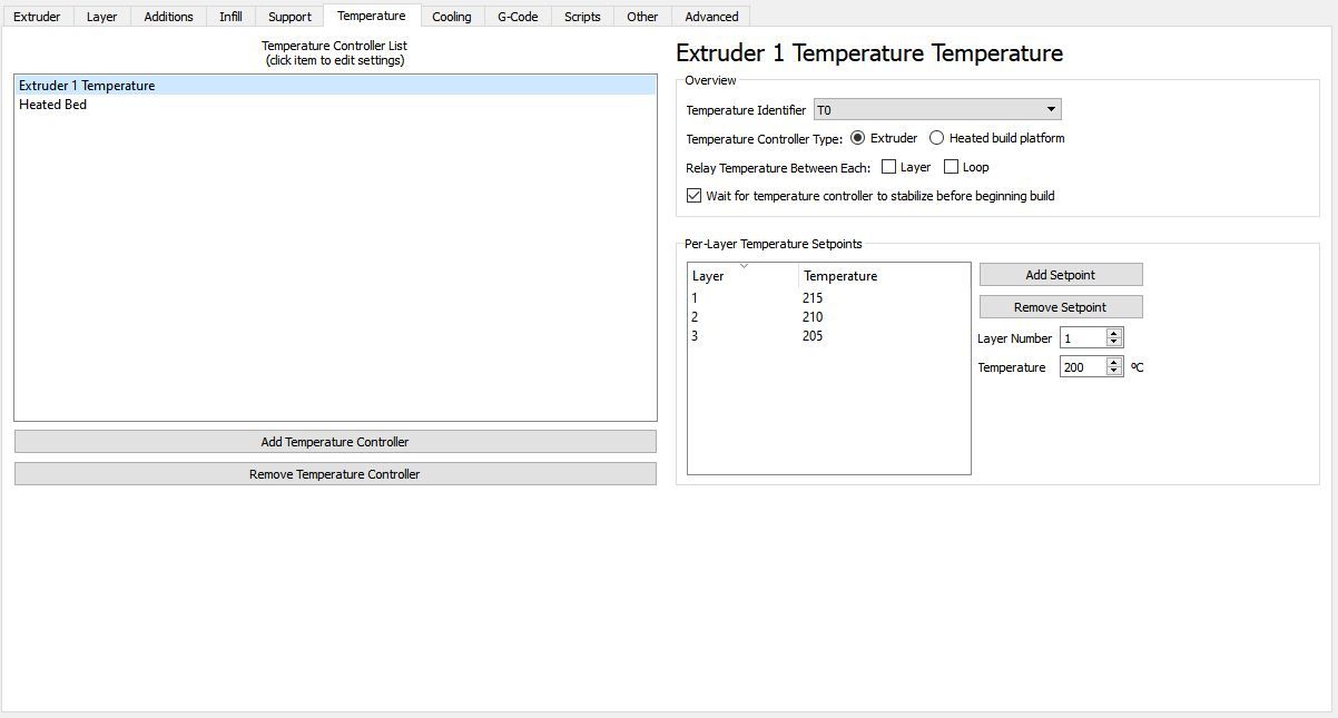 Extruder Layer Additions Infll Support Temperature “Temperature Controller List (Gickitem to edit settings) Extruder 1 Temperature Heated Bed ‘Add Temperature Controller Remove Temperature Controler Advanced Extruder 1 Temperature Temperature Overview Temperature Identifier [TO . ‘Temperature Controller Type: @ Extruder ©) Heated build platform Relay Temperature Between Each: [] Layer [] Loop \Wait for temperature controller to stablize before beginning build Per-Layer Temperature Setpoints Temperature |Add Setpoint 1 215 7 an Remove Setpoint 3 205, Layer Number Tenperanre « STL file Keychain batman articulated・3D printing model to download, Upcrid