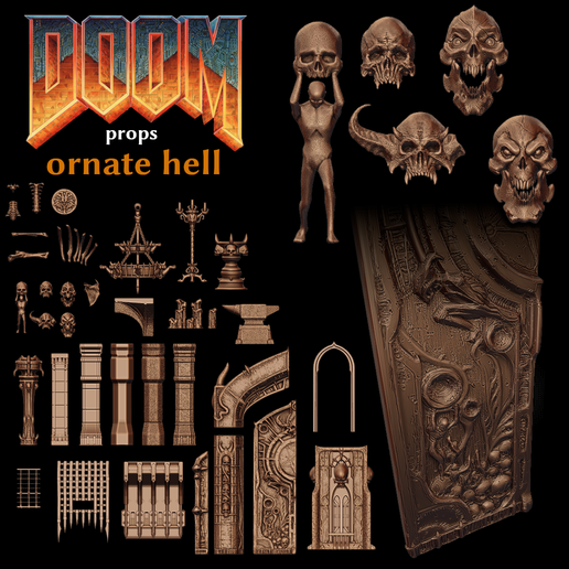 💀 Doom Props - Ornate Hell Set 1・Free STL File for ・Cults