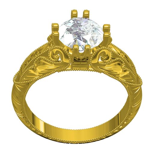 💍 Single Stone Floral Design Engraving Engagement Ring・ STL File