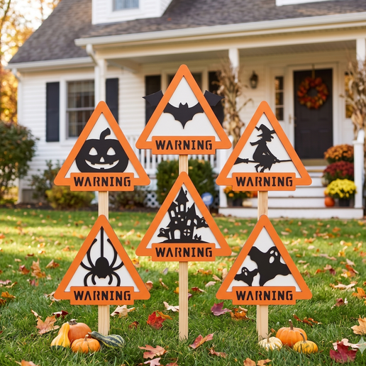 Halloween Warning Sign Bundle — Layered Wood Door Signs — Garden Stakes — Spooky Yard & Wall Decor — Laser Cut Files (SVG, DXF, AI, PDF)