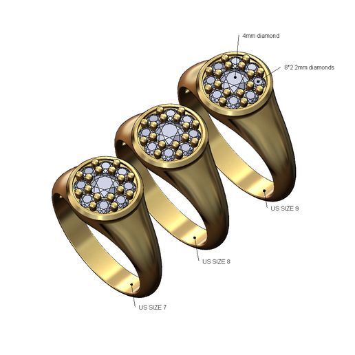 Round cluster diamond ring US sizes 7 8 9 3D print model 3D model