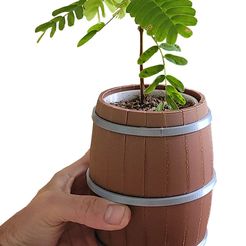 Wine_barrel_flower_pot_01.jpg Fichier STL gratuit Le pot de fleurs en tonneau de vin・Objet pour imprimante 3D à télécharger