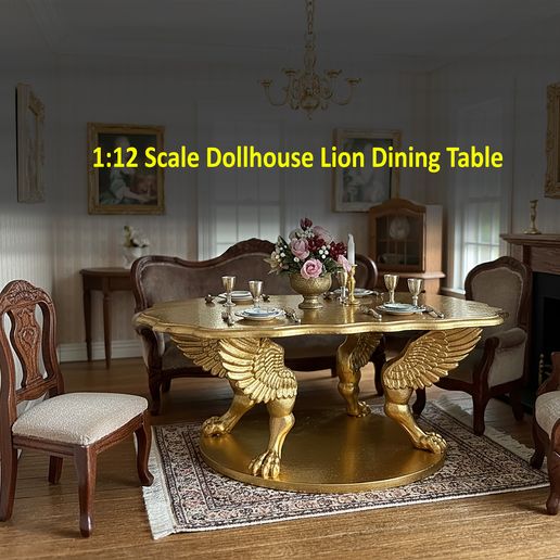 1:12 Scale Luxury Griffin Dining Table STL File | Ornate Winged Lion Dollhouse Miniature | Digital 3D Print Digital Download