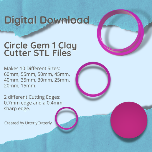 Circle Gem Clay Cutter - Jewel STL Digital File Download- 10 sizes and 2 Cutter Versions 3D model