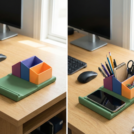 Modular 4-Piece Desk Organizer - 3D Printed Office Decor - Phone Stand & Stationery Storage - STL & 3mf Files