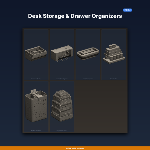 Desk Storage & Drawer Organizers - 6-Model STL Bundle