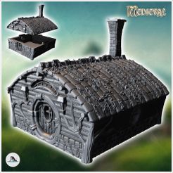 1-PREM.jpg STL file Round-door hobbit house with rounded roof and fireplace (16) - Medieval Middle Earth Age 28mm 15mm RPG Shire・Template to download and 3D print