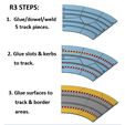 R3 STEPS: 1. Glue/dowel/weld 5 track pieces. 2. Glue slots & kerbs to track. 3. Glue surfaces to track & border areas. THE CORKSCREW compatible with Scalextric slot car track