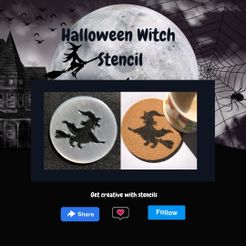 Halloween Witch By Stencil Get creative with stencils Cs Fichier STL Sorcière d'Halloween sur un balai - Pochoir rond à clipser sur un sous-verre・Design pour impression 3D à télécharger, 112bluelake