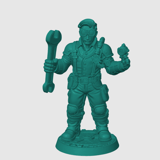 Professor-Gearwright-1.png Professor Gearwright – Steampunk Engineer Miniature with Wrench, 28mm RPG Character 1/70 Scale