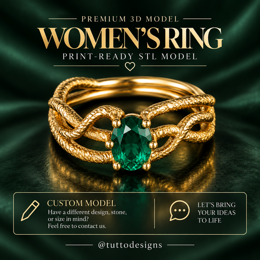 Elegant Women’s Oval Emerald Ring 3D Model Gold Braided Ring Jewelry STL Print Ready