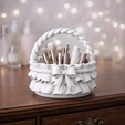 ribbon_ruffle_basket_5.png Ribbon Ruffle Basket | Bow Handle Decorative Storage Basket | Vanity Cosmetic Brush Holder