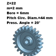 Gear-z-22.png Spur gear 22 teeth - 2 mm module - 10 mm depth.