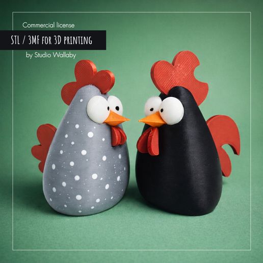 Rooster and Hen Chicken Figurines STL 3MF 3D Print Files Multicolor Separated Parts No Supports Farmhouse Decor