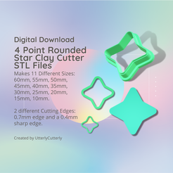 Cover-7.png Archivo 3D Cortador de arcilla de estrella redondeada de 4 puntas - Descarga de archivo digital STL Celestial- 11 tamaños y 2 versiones de cortador Pendientes, tachuelas, colgante, pasador・Objeto imprimible en 3D para descargar