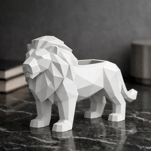 Low Poly Lion Planter STL – Geometric Lion Vase – Modern Animal Plant Pot – 3D Printable Home Decor