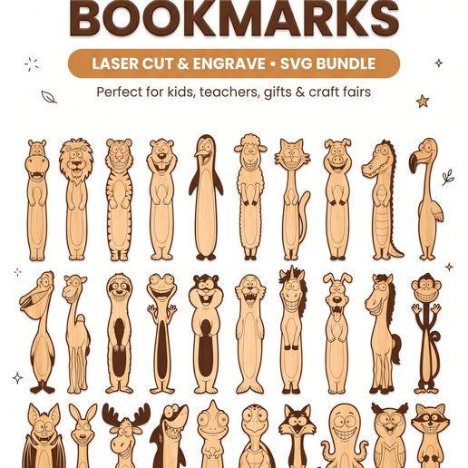 40 Funny Animal Bookmarks SVG DXF - Laser Cut Wooden Bookmark Files Bundle - Plywood Cartoon Animals