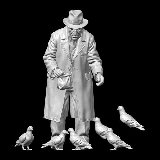 Urban Street Corner - Old Man Feeding Pigeons