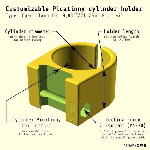 Ar3amas-PicatinnyCylinderHolder-21mmOpenClamp.jpg Suporte de cilindro Picatinny personalizável - Braçadeira aberta para calha Pic de 0,835 pol. e 21 mm